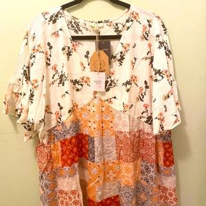 Kori America two pattern boho chic 3/4 Sleeve Blouse